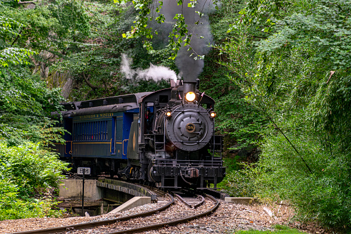 Wilmington, Delaware, August 8, 2021 - A View of a Steam Passenger Train Approaching around a Curve Thru a Forest on a Summer Day