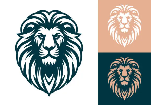Vector illustration of Lion head company logo vector line art illustration on black and white background. Lion face and mane business logo design.