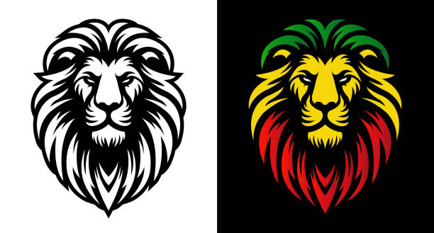 jamajskie reggae rasta lew widok z przodu z rastafariańskich kolorów na ciemnym tle. lion of judah face eps vector art image illustration. - ragga stock illustrations
