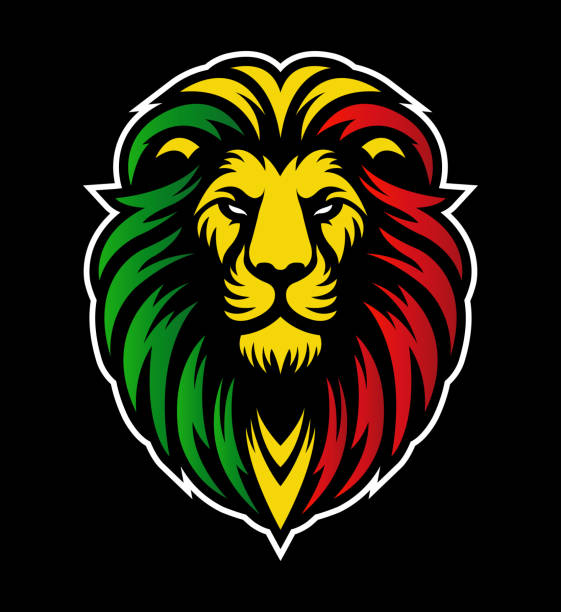 jamajskie reggae rasta lew widok z przodu z rastafariańskich kolorów na ciemnym tle. lion of judah face eps vector art image illustration. - ragga stock illustrations