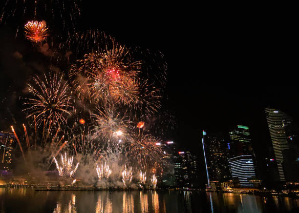 Close-up shot of explosion New Year Fireworks in a dark sky
