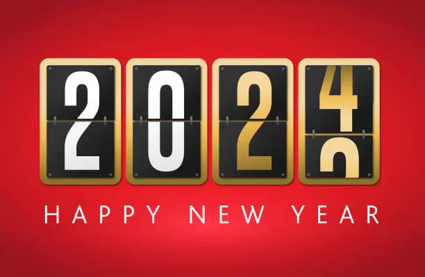 Vector illustration of 2024 Happy New Year greeting design with number flip counter or countdown clock display on red background