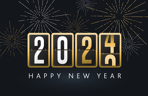 Vector illustration of a 2024 Happy New Year greeting design with number flip counter or countdown clock display. Easy to edit or customize. Includes vector eps and high resolution jpg. Royalty free.