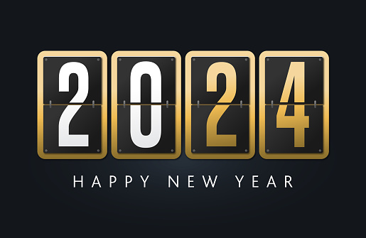 Vector illustration of a 2024 Happy New Year greeting design with number flip counter or countdown clock display. Easy to edit or customize. Includes vector eps and high resolution jpg. Royalty free.