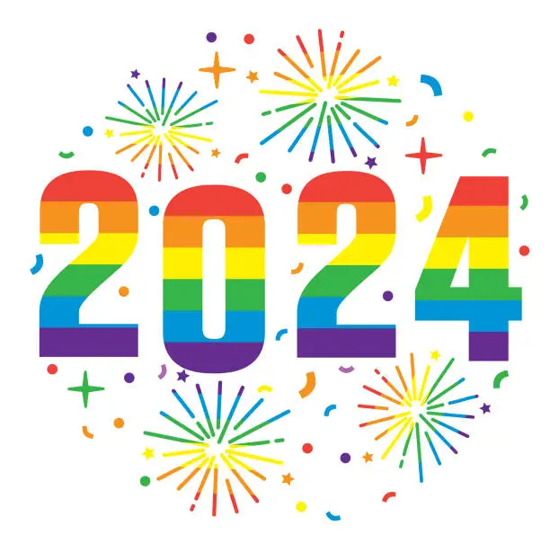 Vector illustration of 2024 New Years eve LGBTQ pride colorful rainbow greeting typography design with fireworks and confetti on white background