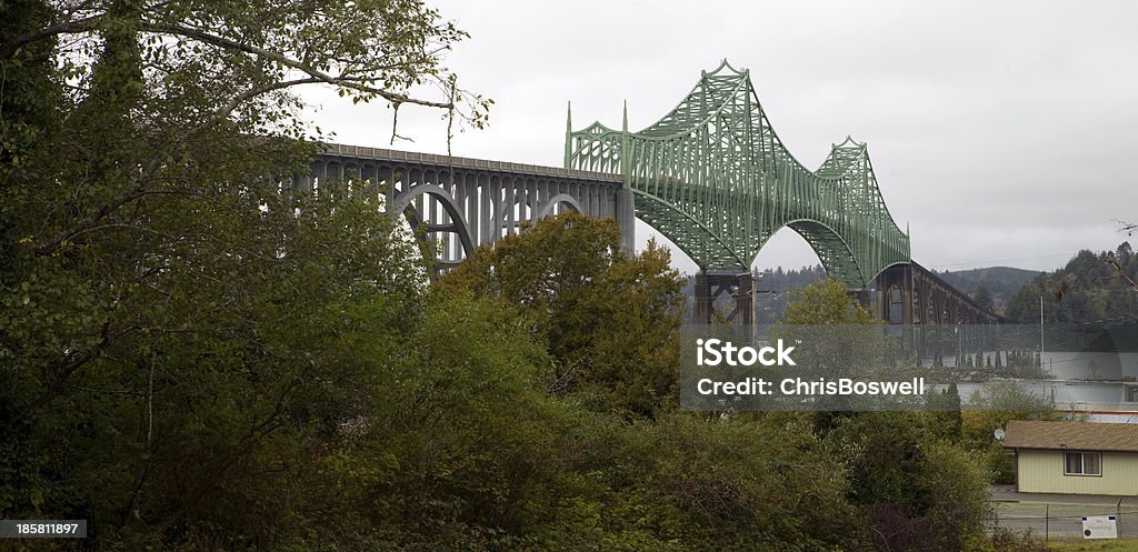 Cloudy Overcast Day McCullough Memorial Bridge Coos Bay Oregon Coos Bay has a dreary feel in a cloudy rainy day Oregon - US State Stock Photo
