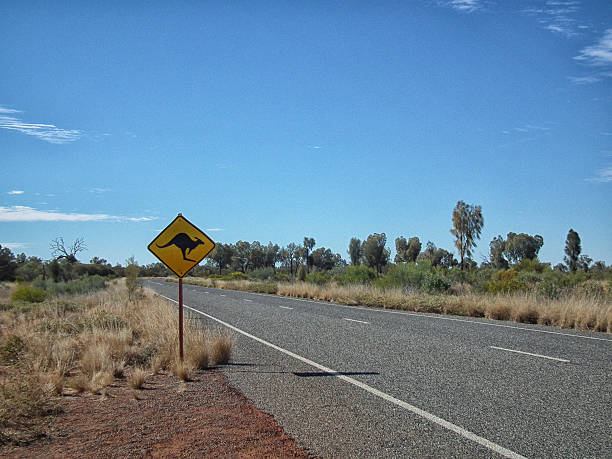 Wildlife crossing What better than this roadsign tell us that we are in Australia.  kangaroo crossing sign stock pictures, royalty-free photos & images