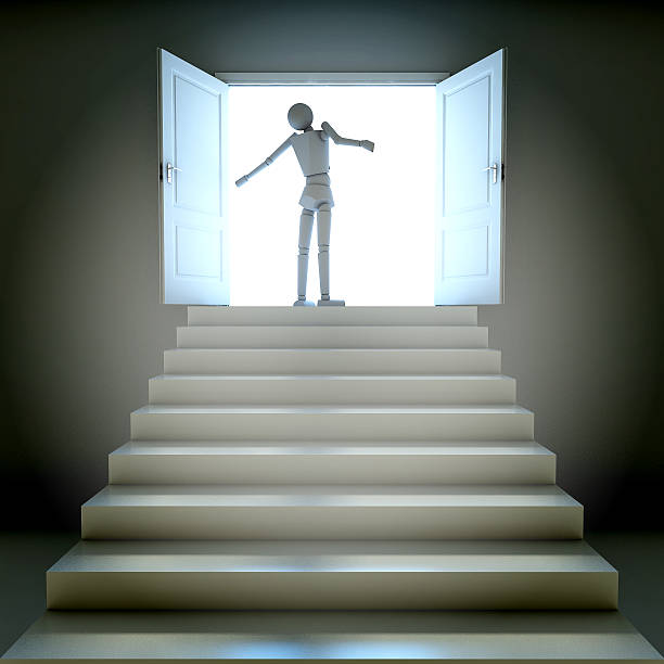 istock 3d businessman back in white room with doors open 185812604