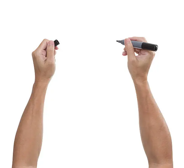 man's hand with black pen isolated on white background; clipping path