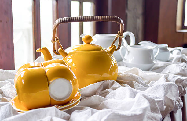 yellow teapot with a cup and saucer