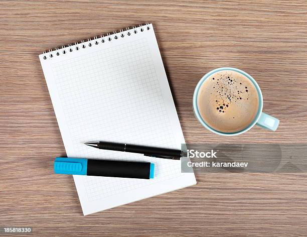 Blank Notepad And Coffee Cup Stock Photo - Download Image Now - Above, Blank, Blue