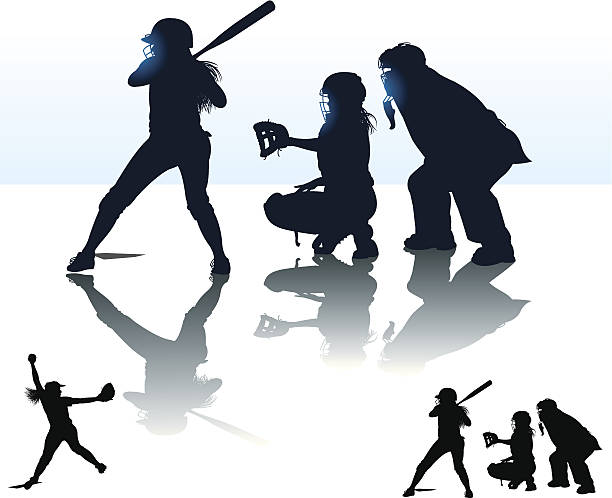 걸스 소프트볼-at bat, catcher, 반죽, 심판, player - baseball catcher baseball umpire batting baseball player stock illustrations