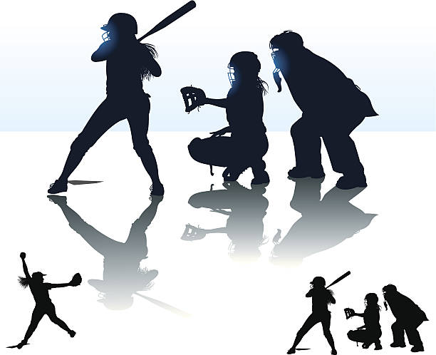 ilustrações de stock, clip art, desenhos animados e ícones de meninas de softbol basebol, morcego, em massa, de árbitro, lançador de basebol - baseballs baseball baseball catcher catching