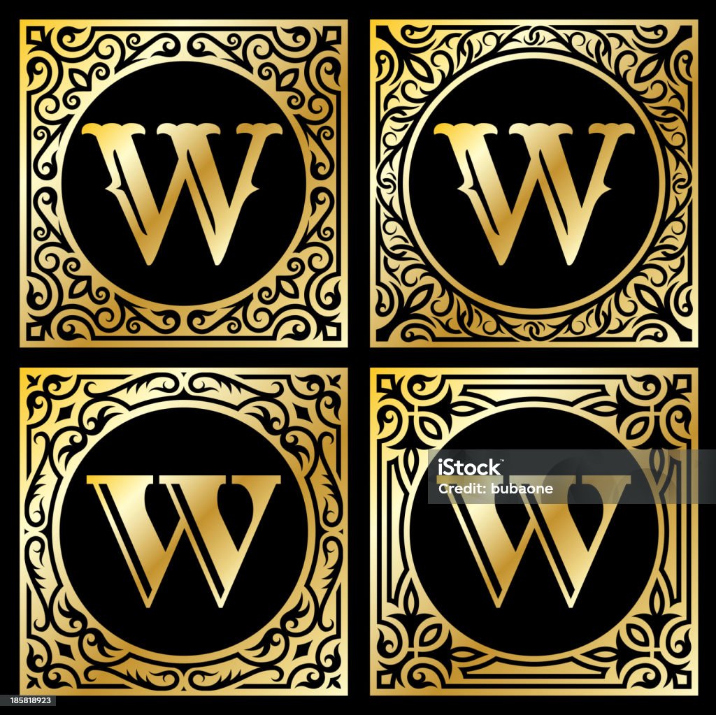 Lettera W in cornice dorata - arte vettoriale royalty-free di Lettera W