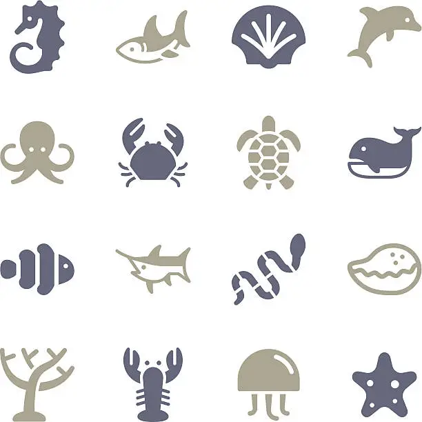 Vector illustration of Set of blue & gray marine life icon set
