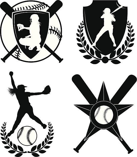 girls softball-symbole, pitching catcher, batsman, ball - baseballs catching baseball catcher adult stock-grafiken, -clipart, -cartoons und -symbole