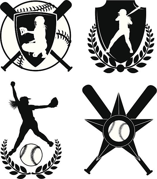 ilustrações de stock, clip art, desenhos animados e ícones de meninas softbol basebol-lançador ícones, massa crua, bola - baseball catcher baseball umpire batting baseball player