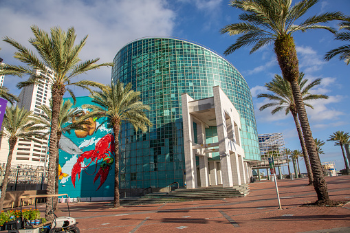 New Orleans, USA - October 24, 2023: view to facade of famous aquarium in New Orleans at the harbor area, Louisiana, USA.