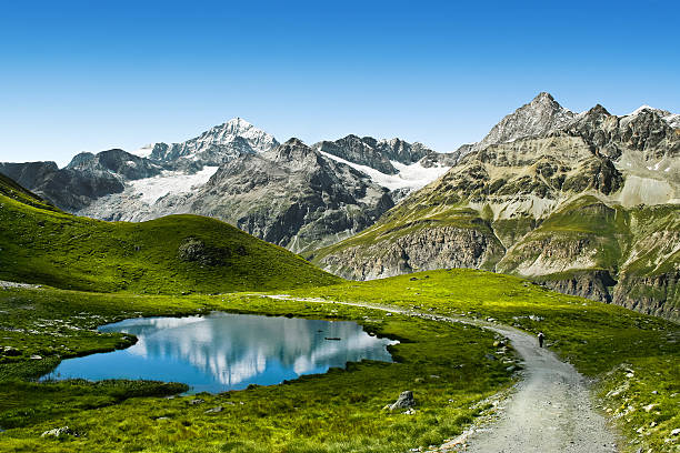 touristischen trail in den schweizer alpen - schweizer berge stock-fotos und bilder
