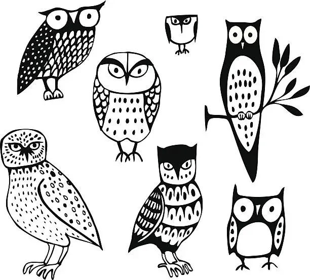 Vector illustration of Seven Owls