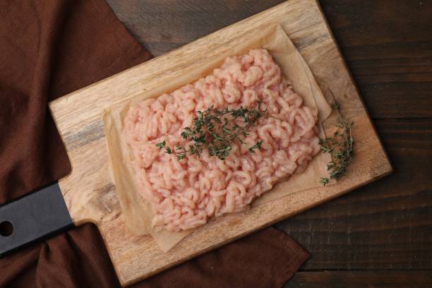 istock Fresh raw minced meat and thyme on wooden table, top view 1858247695