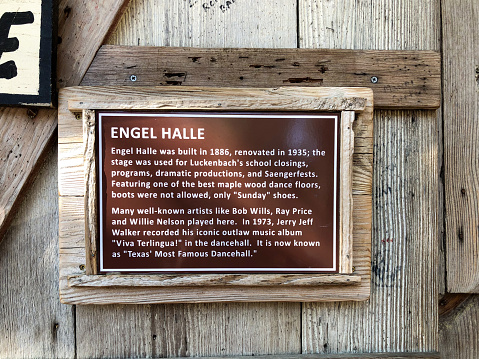 Luckenbach, USA - November 2, 2023: signage to explain history of Luckenbach engel dance hall