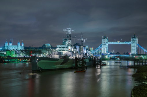 A military ship in the Thames river in London, UK