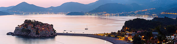 istock Sunset and Sveti Stefan sea islet panorama (Montenegro) 185831728