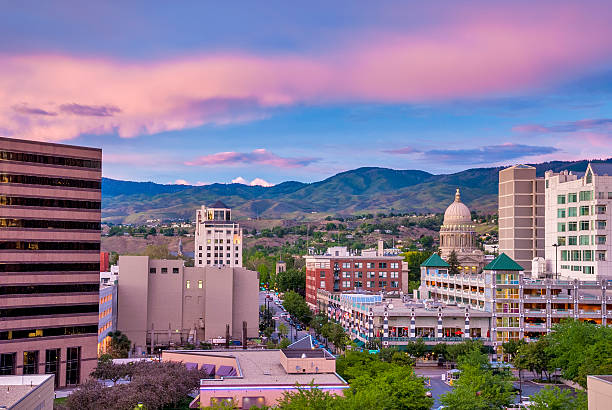 Downtown Boise Idaho just after sundown with Capital building stock photo