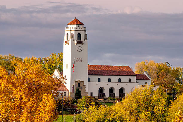 Fall colors at a train Depot in Boise Idaho stock photo