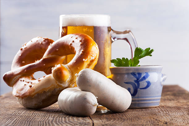sausages bavarian white sausages with bretzel and beer weisswurst photos stock pictures, royalty-free photos & images