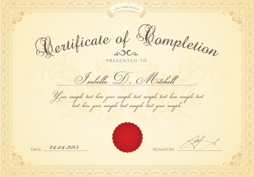 Certificate of completion / Diploma template. Award background, floral border, frame