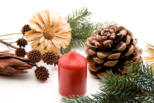 istock Red candle with pine cone and dry flower 185836191