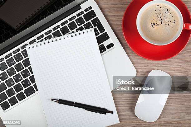 Blank Notepad Over Laptop And Coffee Cup Stock Photo - Download Image Now - Above, Alcohol - Drink, Blank
