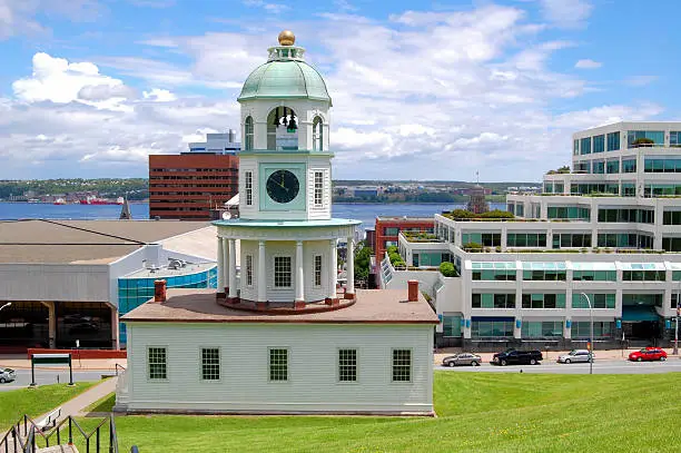 Historic Old Town Clock and Downtown Halifax on a Cloudy Day, Nova Scotia, Canada