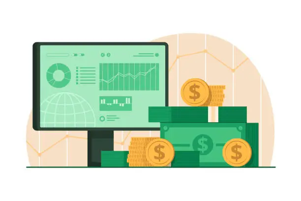 Vector illustration of Pile of Cash Money and Computer Monitor with Trading Graph for Online Investment Concept Illustration