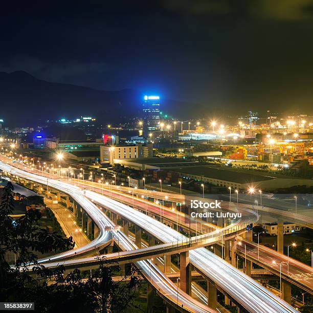 Overpass Bridge And Pier In Night Stock Photo - Download Image Now - Bridge - Built Structure, Built Structure, Bus