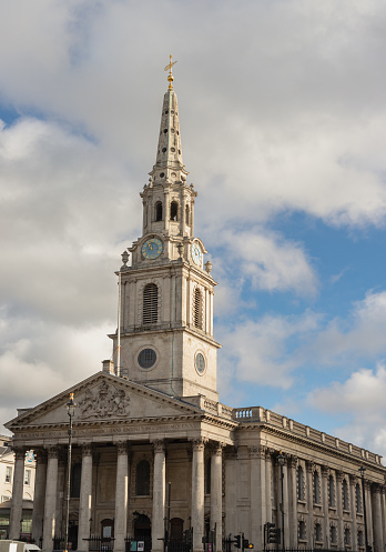 London, UK - Nov 01, 2023 - Architecturally exterior design of of St Martin in the fields. English anglican church tower at Trafalgar Square, Space for text, Selective focus.