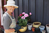 Senior woman planting flowers in a pot