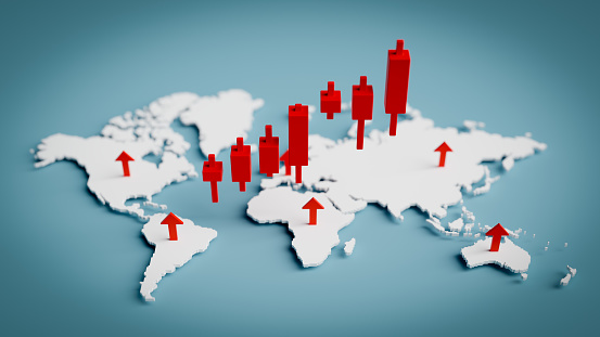 Global stock bull market emerges, with gains seen in many regions, 3d rendering