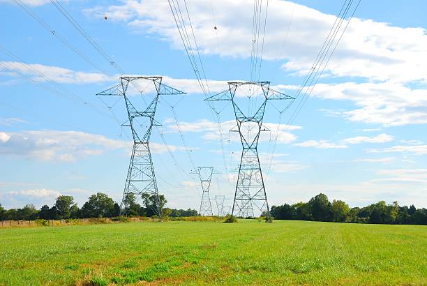 Photograph of electric power lines in a rural setting.