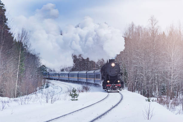 Retro christmas steam train moves through the forest.
