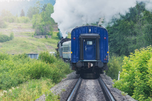 istock Retro steam train moves through the forest. 1858424641