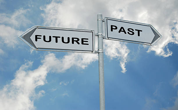 istock Road signs to future and past 185844406