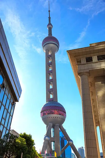 Shanghai landmark-Oriental Pearl Tower and other buildings by the blue sky