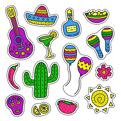 Set of doodle colored Cinco de mayo stickers isolated on white background.