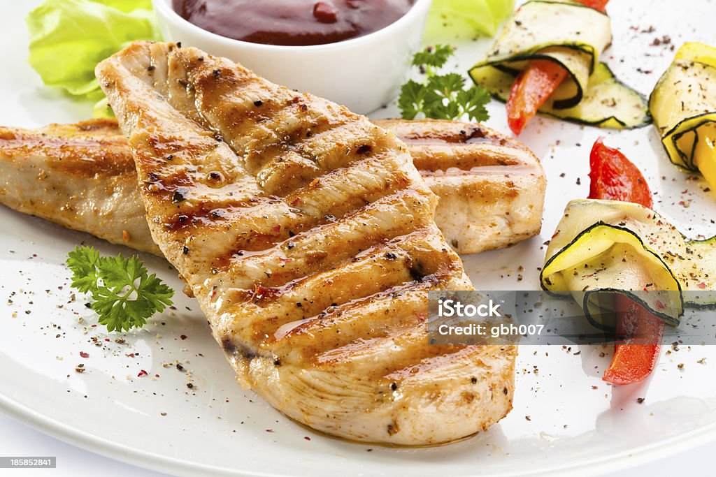 Grilled meat and vegetables Grilled chicken fillets and vegetables  Chicken Breast Stock Photo