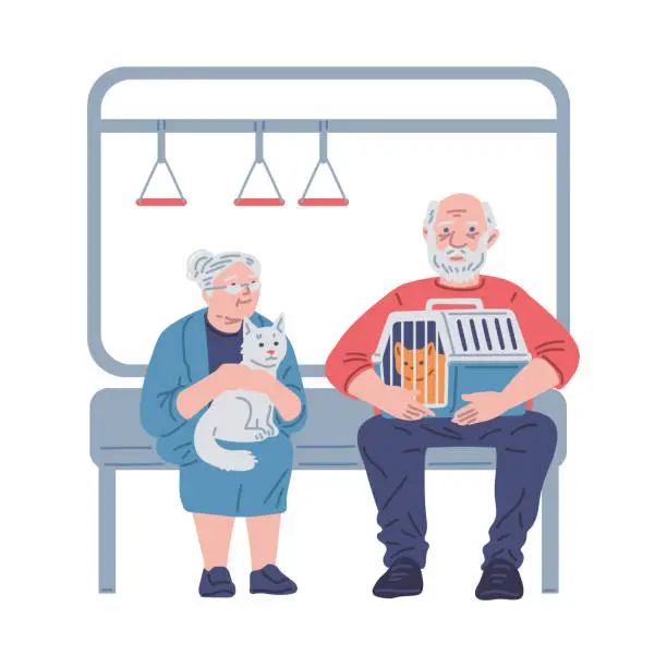 Vector illustration of Elderly couple with pets going by public transport vector illustration.