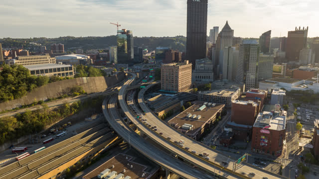 Aerial Time Lapse of Freeway Traffic Headed Into Downtown Pittsburgh at Sunset