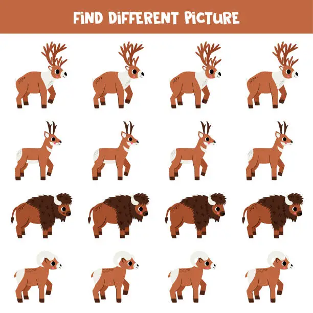 Vector illustration of Find different animal in each row. Logical game for preschool kids.